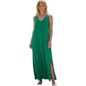 Natural Life Kelly Green Dress V-Neck Sleeveless Slit Maxi Size M Pockets FLAW